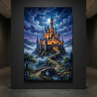 Fairytale Castle Bridge Stretched Canvas Wall Art, Enchanted Garden Path Print, Whimsical Room Decor