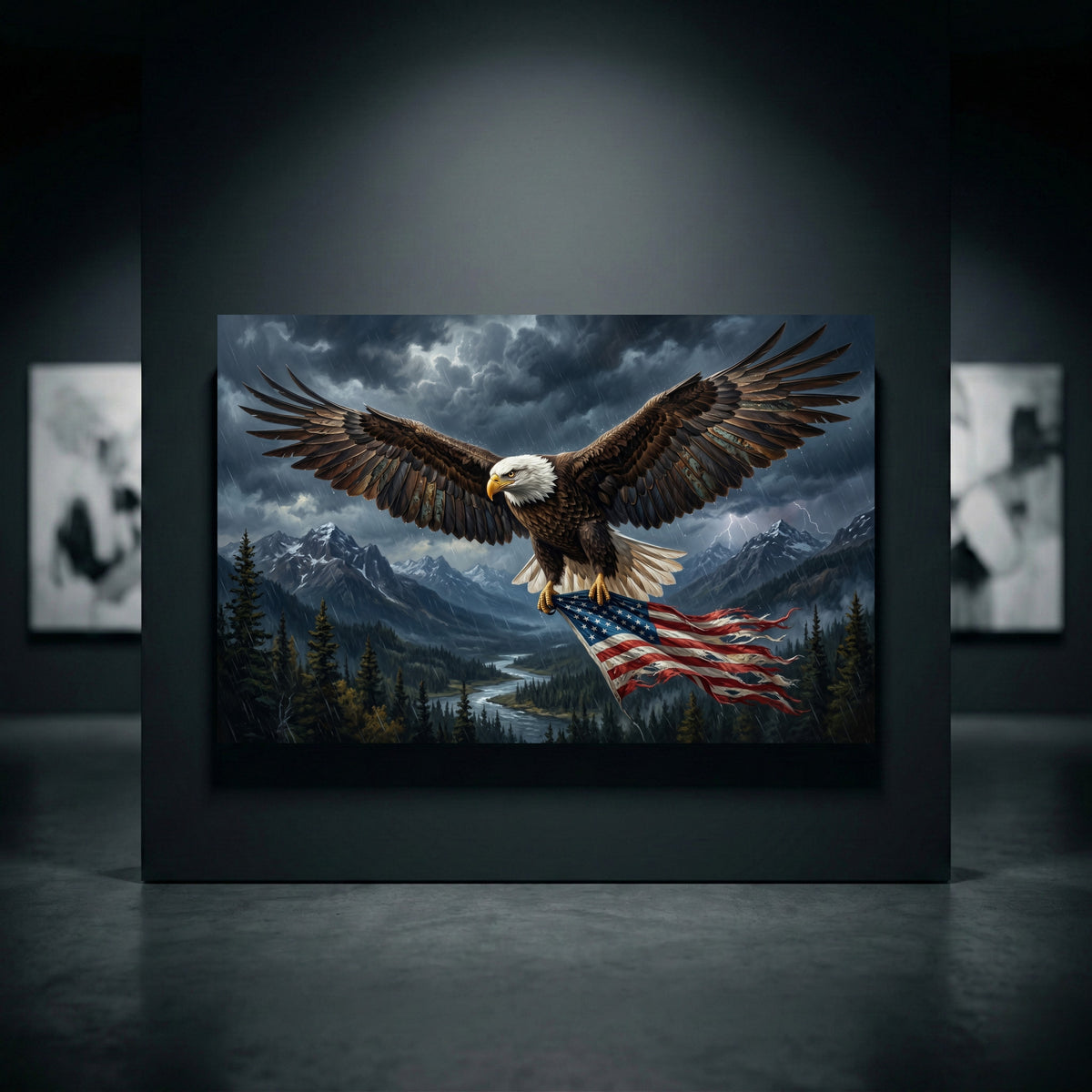 Bald Eagle Mountain Flag Stretched Canvas Wall Art, Stormy Wilderness River Print, Patriotic Wall Decor
