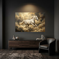 White Horse Galloping Through Golden Clouds Canvas Wall Art, Majestic Stallion Print, Dreamy Equestrian Decor
