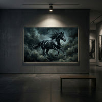 Black Stallion Storm Stretched Canvas Wall Art, Galloping Horse Print, Dramatic Equestrian Decor