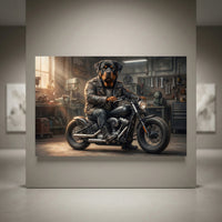 Rottweiler Biker Stretched Canvas Wall Art, Funny Dog on Motorcycle Print, Garage Wall Decor
