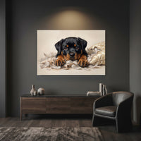 Rottweiler Puppy Shredded Pillow Canvas Wall Art, Funny Dog Print, Guilty Puppy Decor
