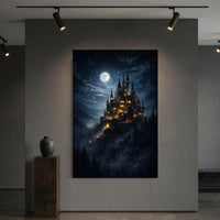 Moonlit Fantasy Castle Stretched Canvas Wall Art, Enchanted Night Sky Print, Mystical Room Decor
