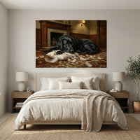 Guilty Black Labrador with Torn Pillow Canvas Wall Art, Funny Dog Print, Cozy Fireplace Decor