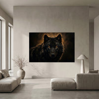 Black Wolf Portrait Stretched Canvas Wall Art, Amber Eyes Wildlife Print, Dramatic Animal Decor