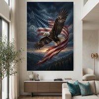 Bald Eagle Flag Sunset Stretched Canvas Wall Art, Patriotic Mountain Silhouette Print, Freedom Wall Decor