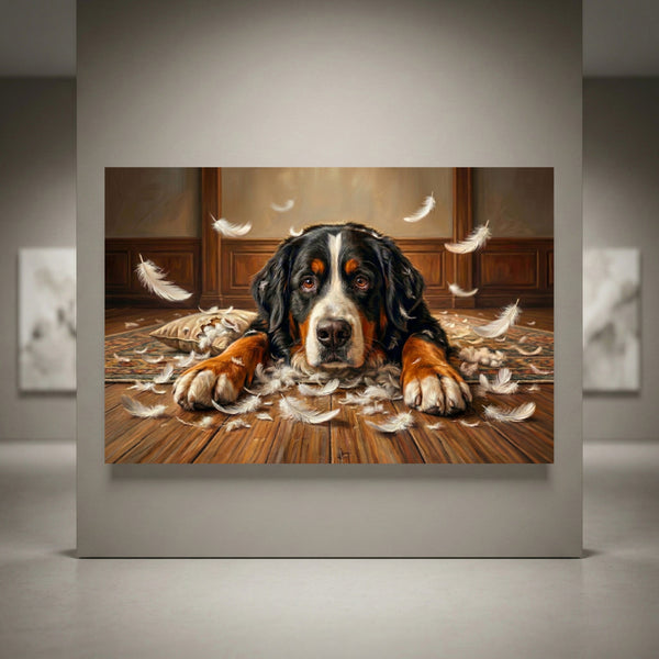 Guilty Bernese Mountain Dog with torn pillow canvas art