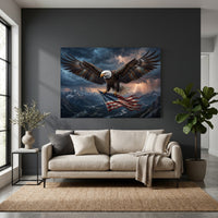 Bald Eagle Flag Lightning Stretched Canvas Wall Art, Mountain Valley Storm Print, Patriotic Wall Decor