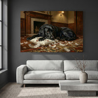 Guilty Black Labrador with Torn Pillow Canvas Wall Art, Funny Dog Print, Cozy Fireplace Decor
