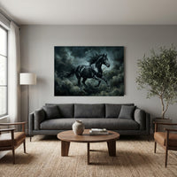 Black Stallion Storm Stretched Canvas Wall Art, Galloping Horse Print, Dramatic Equestrian Decor