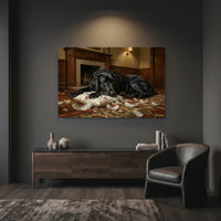 Guilty Black Labrador with Torn Pillow Canvas Wall Art, Funny Dog Print, Cozy Fireplace Decor