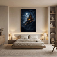 Moonlit Fantasy Castle Stretched Canvas Wall Art, Enchanted Night Sky Print, Mystical Room Decor
