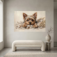 Yorkshire Terrier Puppy Shredded Pillow Canvas Wall Art, Funny Dog Print, Playful Pet Decor