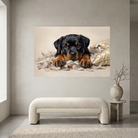 Rottweiler Puppy Shredded Pillow Canvas Wall Art, Funny Dog Print, Guilty Puppy Decor