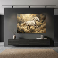 White Horse Galloping Through Golden Clouds Canvas Wall Art, Majestic Stallion Print, Dreamy Equestrian Decor