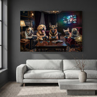 Five Dogs Video Game Night Canvas Wall Art, Funny Gamer Dog Print, Man Cave Decor