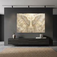 Golden Angel Wings Stretched Canvas Wall Art, Heavenly Light Rays Print, Faith Wall Decor