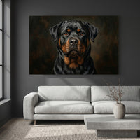 Rottweiler Dark Portrait Canvas Wall Art, Classic Dog Oil Painting Print