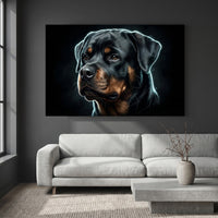 Electric Rottweiler Portrait Canvas Wall Art, Glowing Blue Dog Print, Modern Pet Decor