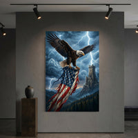 Bald Eagle American Flag Stretched Canvas Wall Art, Stormy Castle Tower Print, Patriotic Wall Decor