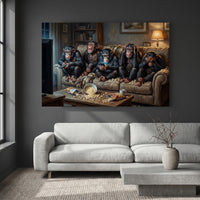 Five Chimpanzees Movie Night Canvas Wall Art, Funny Monkey Print, Popcorn Couch Decor