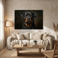 Rottweiler Dark Portrait Canvas Wall Art, Classic Dog Oil Painting Print
