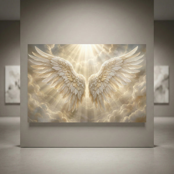 Angel Wings Heavenly Light Stretched Canvas Wall Art, Faith-Inspired Radiant Sky Print, Spiritual Room Decor