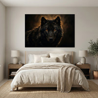 Black Wolf Portrait Stretched Canvas Wall Art, Amber Eyes Wildlife Print, Dramatic Animal Decor