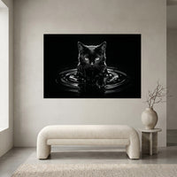 Black Cat Emerging from Dark Water Canvas Wall Art, Dramatic B&W Cat Photography Print