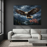 Bald Eagle Mountain Flag Stretched Canvas Wall Art, Stormy Wilderness River Print, Patriotic Wall Decor