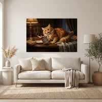 Ginger Cat Knocking Over Coffee Mug Canvas Wall Art, Funny Cat Print, Classic Study Decor