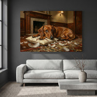 Guilty Dachshund with Torn Pillow Canvas Wall Art, Funny Dog Print, Classic Home Decor