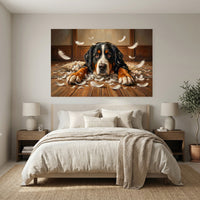 Guilty Bernese Mountain Dog with Torn Pillow Canvas Wall Art, Funny Dog Print, Playful Pet Decor