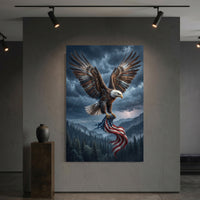 Bald Eagle Storm Flag Stretched Canvas Wall Art, Patriotic Lightning Sky Print, Freedom Wall Decor