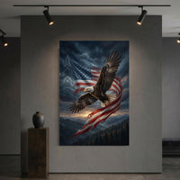 Bald Eagle Flag Sunset Stretched Canvas Wall Art, Patriotic Mountain Silhouette Print, Freedom Wall Decor