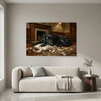 Guilty Black Labrador with Torn Pillow Canvas Wall Art, Funny Dog Print, Cozy Fireplace Decor