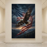 American Flag Eagle Stretched Canvas Wall Art, Patriotic Mountain Sunset Print, Freedom Wall Decor