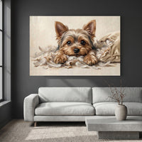 Yorkshire Terrier Puppy Shredded Pillow Canvas Wall Art, Funny Dog Print, Playful Pet Decor
