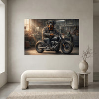 Rottweiler Biker Stretched Canvas Wall Art, Funny Dog on Motorcycle Print, Garage Wall Decor