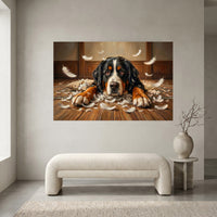 Guilty Bernese Mountain Dog with Torn Pillow Canvas Wall Art, Funny Dog Print, Playful Pet Decor