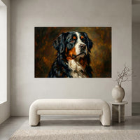 Bernese Mountain Dog Oil Painting Canvas Wall Art, Classic Dog Portrait Print, Warm Rustic Decor