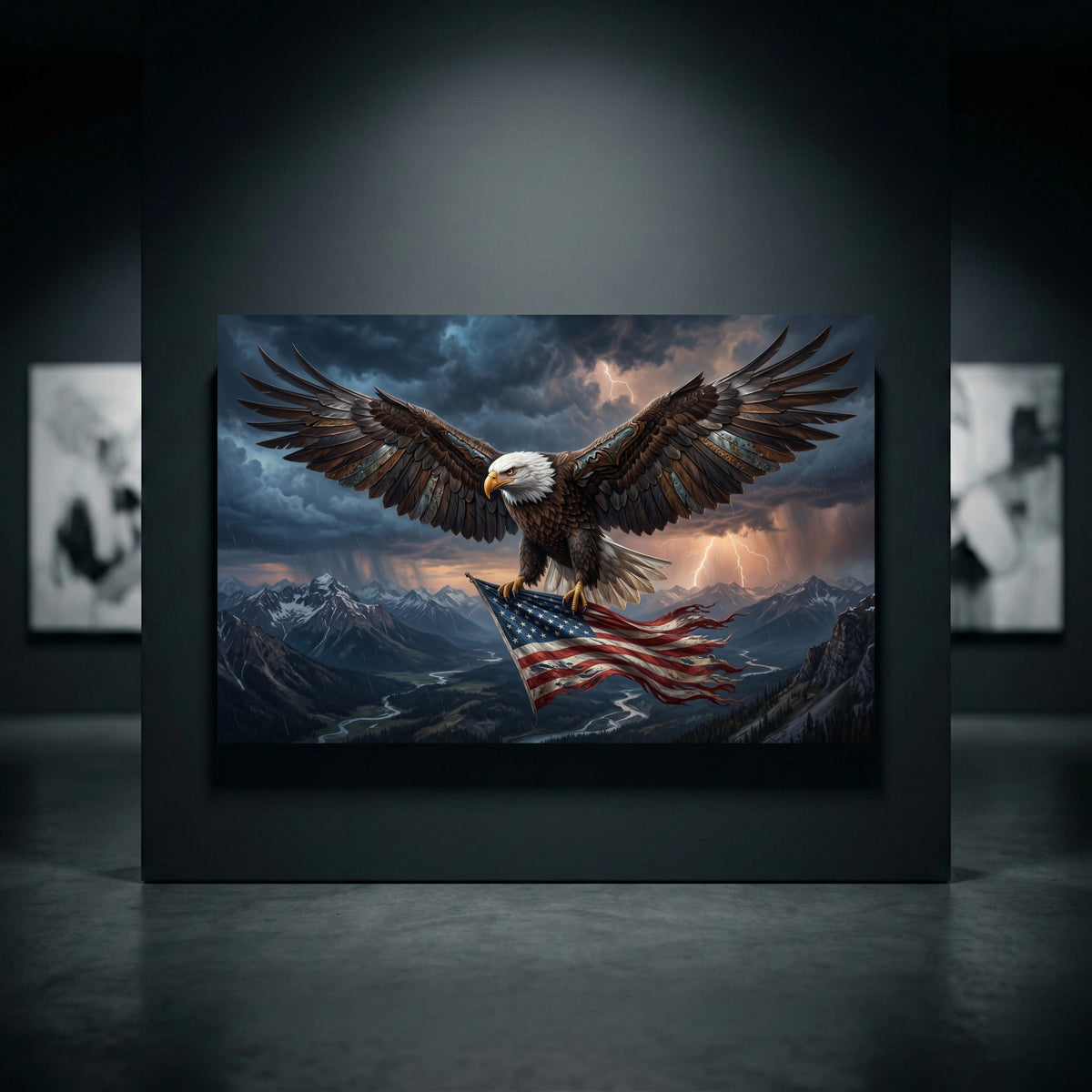 Bald Eagle Flag Lightning Stretched Canvas Wall Art, Mountain Valley Storm Print, Patriotic Wall Decor
