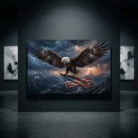 Bald Eagle Flag Lightning Stretched Canvas Wall Art, Mountain Valley Storm Print, Patriotic Wall Decor