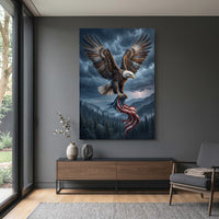 Bald Eagle Rain Storm Flag Stretched Canvas Wall Art, Patriotic Wilderness Print, Freedom Wall Decor