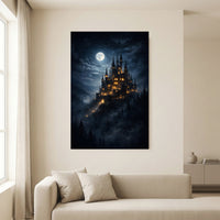 Moonlit Fantasy Castle Stretched Canvas Wall Art, Enchanted Night Sky Print, Mystical Room Decor