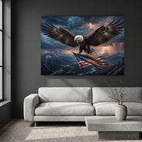 Bald Eagle Flag Lightning Stretched Canvas Wall Art, Mountain Valley Storm Print, Patriotic Wall Decor