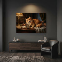 Ginger Cat Knocking Over Coffee Mug Canvas Wall Art, Funny Cat Print, Classic Study Decor
