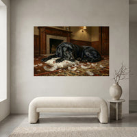 Guilty Black Labrador with Torn Pillow Canvas Wall Art, Funny Dog Print, Cozy Fireplace Decor